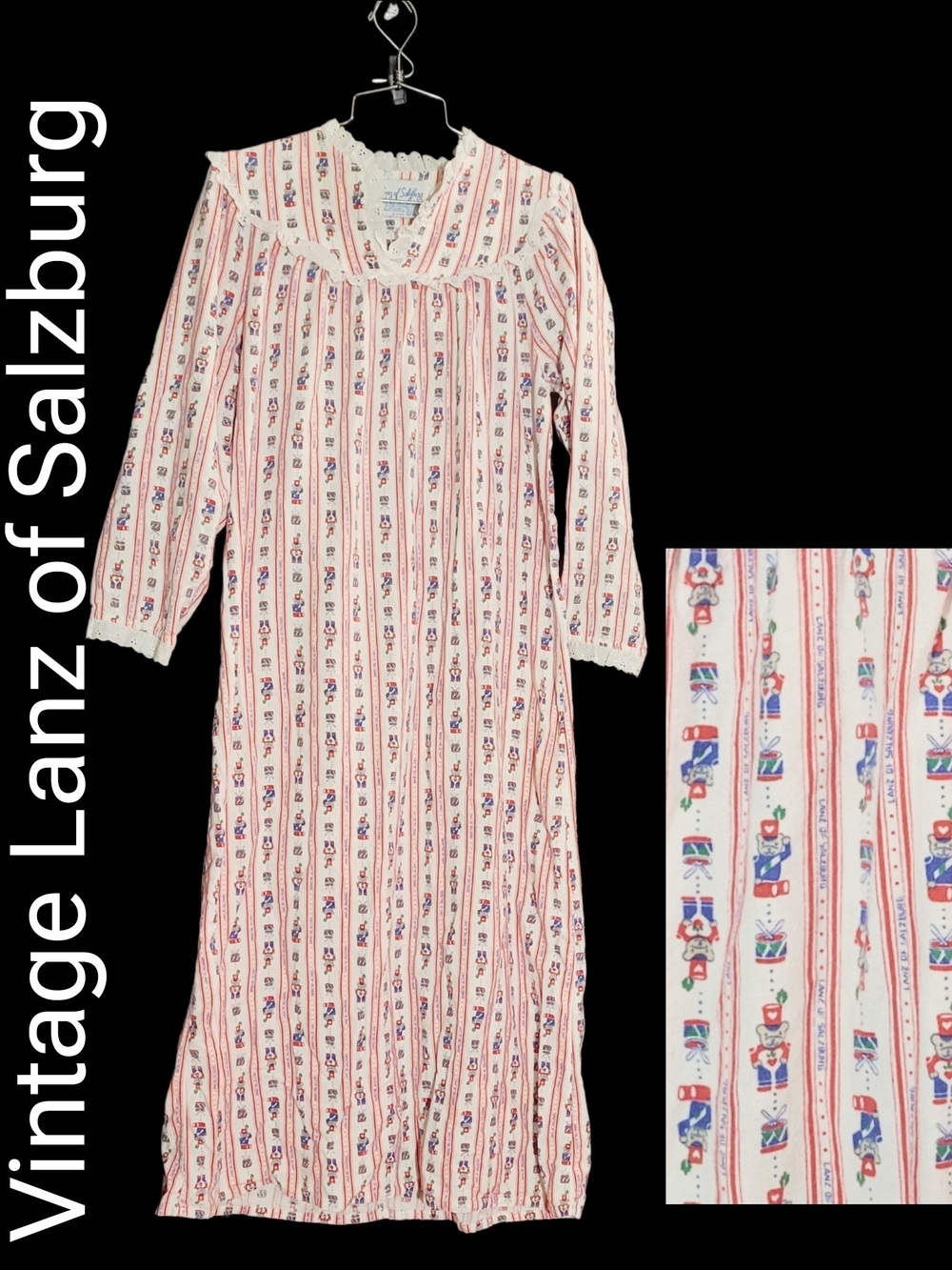 Vintage Lanz Of Salzburg Teddy Bear Toy Soldier Small Flannel Nightgown